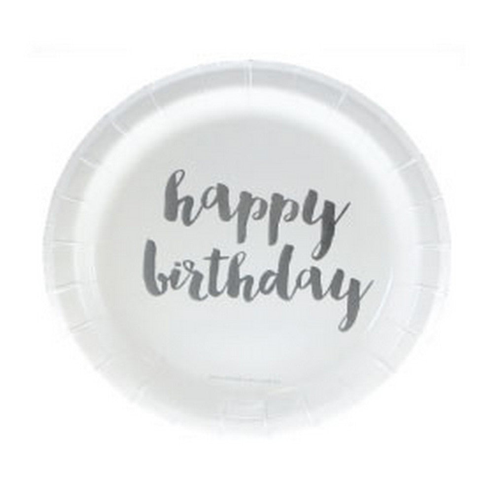 SILVER FOIL "HAPPY BIRTHDAY" CAKE PLATES<BR> (12 pack)