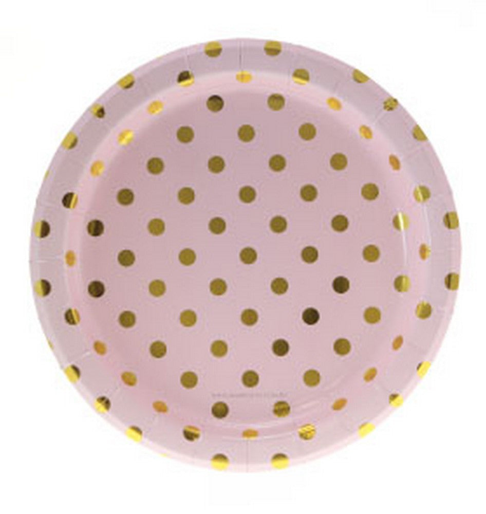 PINK WITH GOLD FOIL POLKADOT PLATES (12 pack)