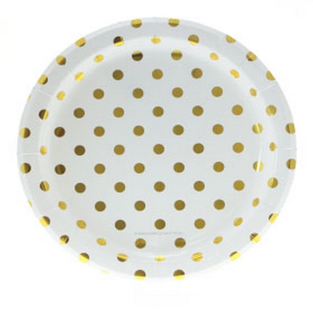 WHITE WITH GOLD FOIL POLKADOT PLATES (12 pack)