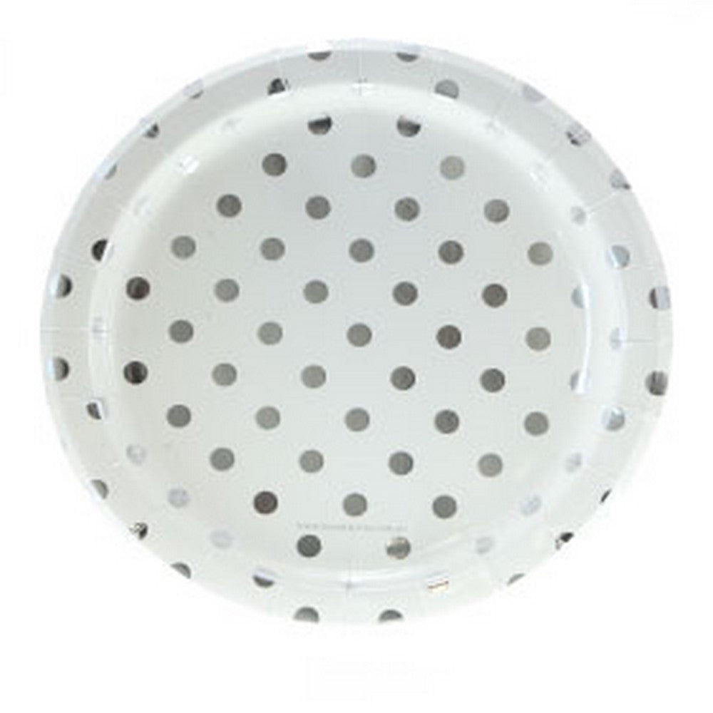 WHITE WITH SILVER FOIL POLKADOT PLATES (12 pack)