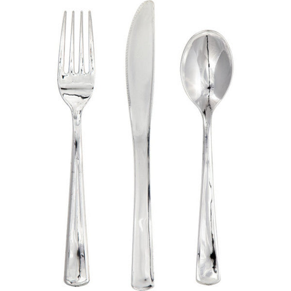 METALLIC SILVER PREMIUM <br>PLASTIC CUTLERY SET (8 sets)